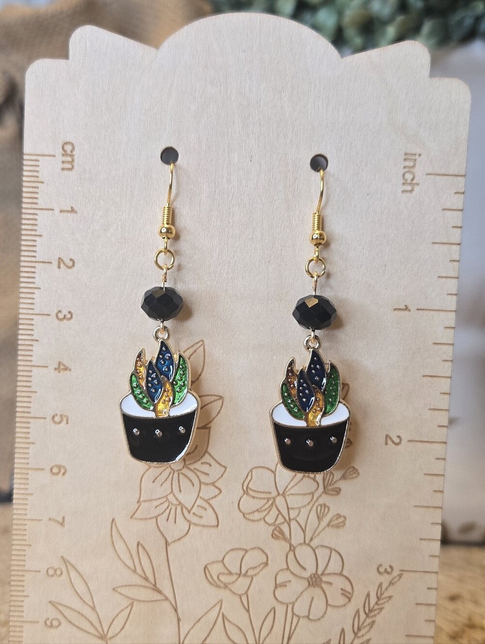 Gold and Black Plant Pot Drop Earrings - Picture 2 of 2